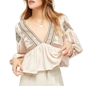 Free People Aria Embroidered Crochet Ruffle Peplum Crop Top in Lagoon Combo - M